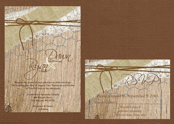 Mariage - Rustic Wedding Invitation, Lace and Burlap Wedding Invitation, Wood Wedding Invitaiton, Custom