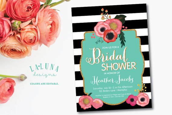زفاف - Bridal Shower Invitation, Floral Black & White Stripe Bridal Shower Invite, Gold Glitter Bridal Shower, DIY Printable