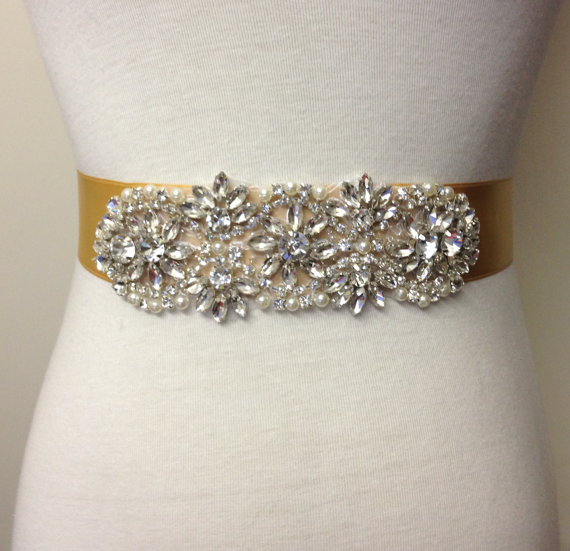 Свадьба - Rhinestone Sash-Gold Sash-Wedding Dress Sash-Bride Sash-Crystal SashBridal Sash-Rhinestone Belt-Floral Crystal Pearl Applique Sash