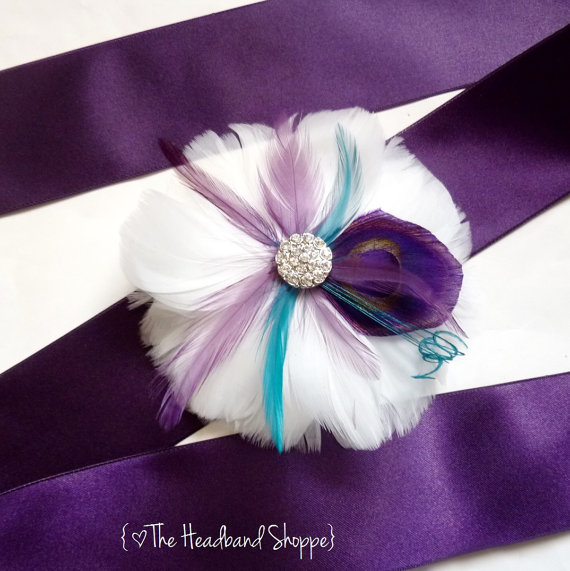 Hochzeit - COLWELL - Peacock Feather Wedding Sash Bridal Belt in Teal Blue  Purple Peacock Feathers