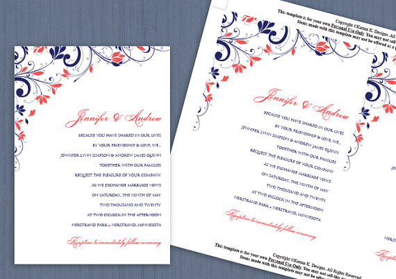 Wedding - Wedding Invitation Template - DOWNLOAD Instantly - EDITABLE TEXT - Chic Bouquet (Navy & Coral) 5 x 7 - Microsoft Word Format