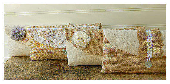 Свадьба - Set of 13 purse clutch burlap lace Bridesmaid cotton linen wedding rustic rose choice Personalize MakeUp