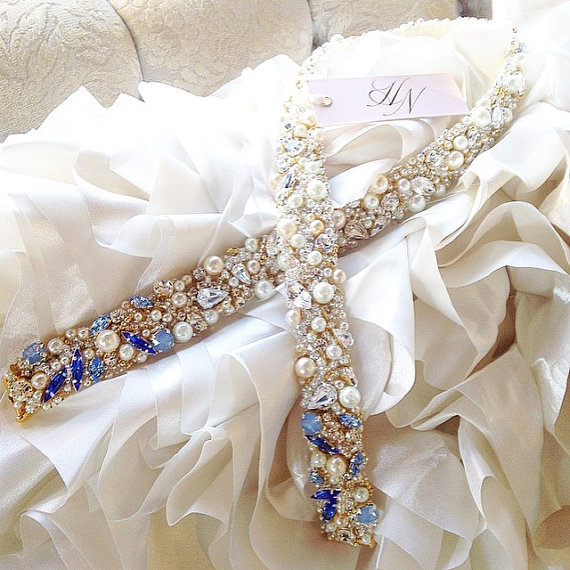 Свадьба - Full Waisted Bridal Sash- Narrow Bridal Sash- Swarovski Crystal Bridal Belt- One-of-a-Kind Hand-Beaded -Vintage Glamour