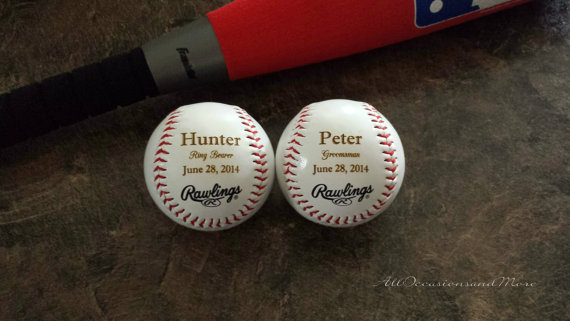 Свадьба - 2 Engraved baseballs for ring bearer, birthday, Father's Day, anniversary, wedding party, groomsmen, new baby gift personalized, customized