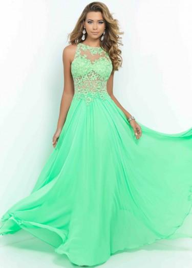 Mariage - Fashion Cheap Long Spring Green Illusion High Neck Cut Out Back Prom Dress