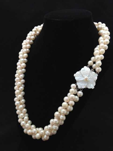 Wedding - Long Pearl Necklace, 23 Inches, Genuine Pearl Necklace, Twisted Triple strand Pearl Necklace, AA Pearl Necklace with Mother of Pearl Clasp from ADARNA GALLERY