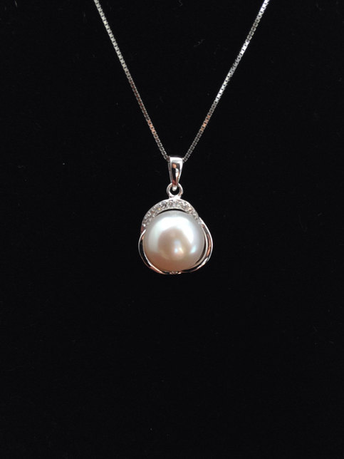 زفاف - Genuine Pearl Pendant Necklace, 10mm AAA  Genuine Pearl with 16 Inches 925 Silver Necklace, Pearl Silver Pendant, from ADARNA GALLERY