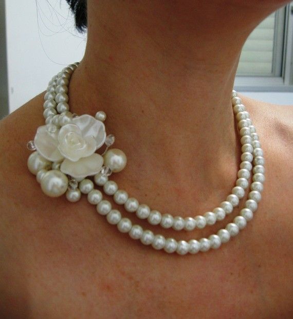 زفاف - Fleur - Ivory Swarovski Pearls Necklace, Weddings Pearl Necklace - Made To Order