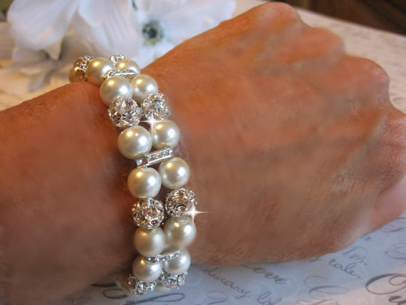 Hochzeit - Bridal Swarovski Rhinestone and Pearl Bracelet - Multi-Strand Bridal Bracelet - Wedding Jewelry