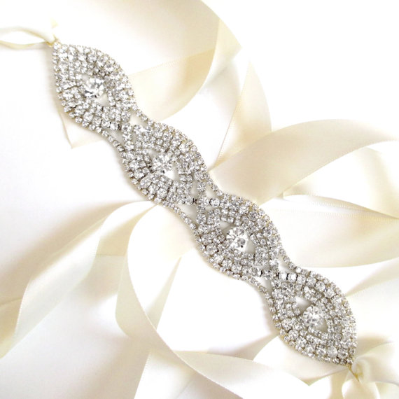Hochzeit - Silver Infinity Rhinestones Bridal Belt Sash - White Ivory Silver Satin Ribbon - Rhinestone Crystal - Wide Wedding Dress Belt