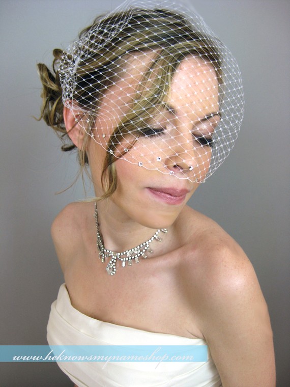 Wedding - Weddings Bridal Accessories Crystals Touching Birdcage Veil (Free U.S. Shipping) - blusher veil, ivory, white, black, red