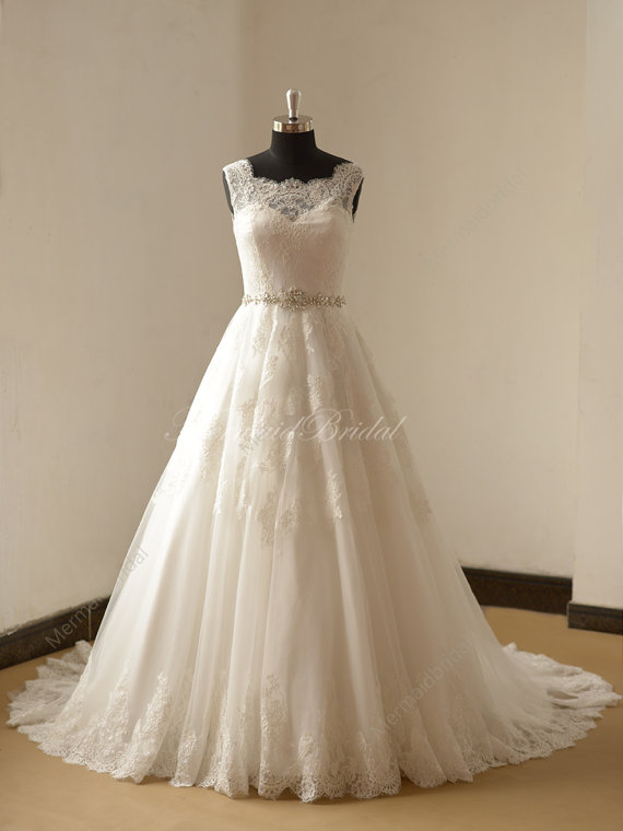 زفاف - Open back Ivory a line lace wedding dress with illusion neckline and beads sash