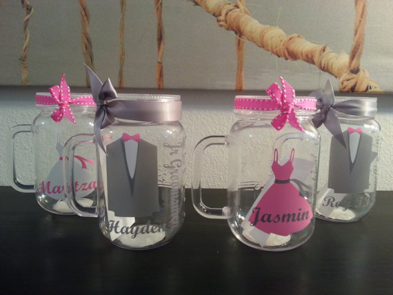 Hochzeit - Flower girl ring bearer bridesmaid plastic mason cup with handle  name over the tux / dress you choose your vinyl colors W/ lid straw & bow