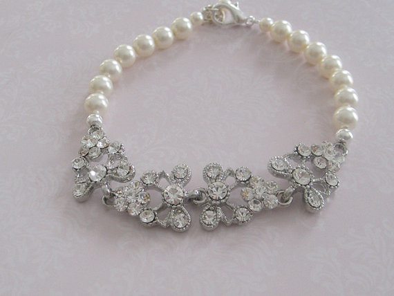Hochzeit - Bridal Jewelry - Bride Bracelet - Bridesmaid Bracelet - Rhinestone and Pearl Bracelet- Wedding Jewelry -Wedding Accessories