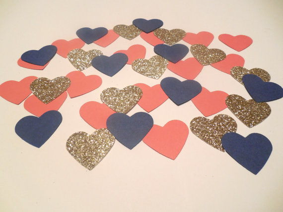 زفاف - Navy Blue Coral Glitter Gold Heart Confetti Nautical Confetti Nautical Bridal Shower Navy and Coral Wedding Navy and Coral Bridal