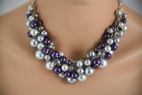 زفاف - Chunky gray pewter and purple necklace - bridesmaids jewelry,wedding necklace, bridal party jewelry-gp1