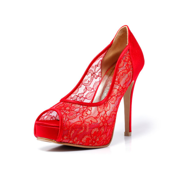 زفاف - Trailblazer, Red Lace Wedding Shoe, Peep Lace Satin Wedding Heels,Red Bridal Shoes,Red Wedding Shoes