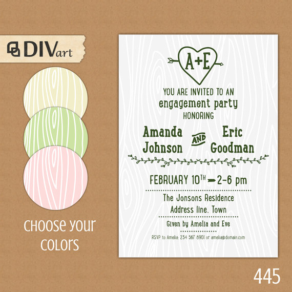 Mariage - PRINTABLE 5x7" Engagement Party Invitation, Bridal Shower Invitation, Baby Shower Invite - picnic, faux bois, wood grain, grey, green - 445