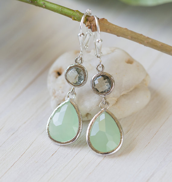 Wedding - Mint Teardrop and Charcoal Jewel Drop Earrings in Silver.  Mint and Grey Bridesmaid Dangle Earrings. Jewelry Gift Her.  Christmas Gift.