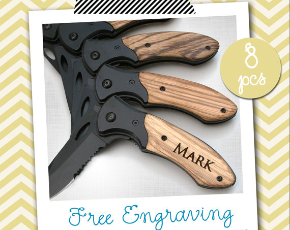 Hochzeit - 8 Groomsmen Gifts PERSONALIZED Knife Engraved Knife Engraved Pocket Knife Hunting Knife Wood Knife Custom Groomsman Gifts Gift for Men