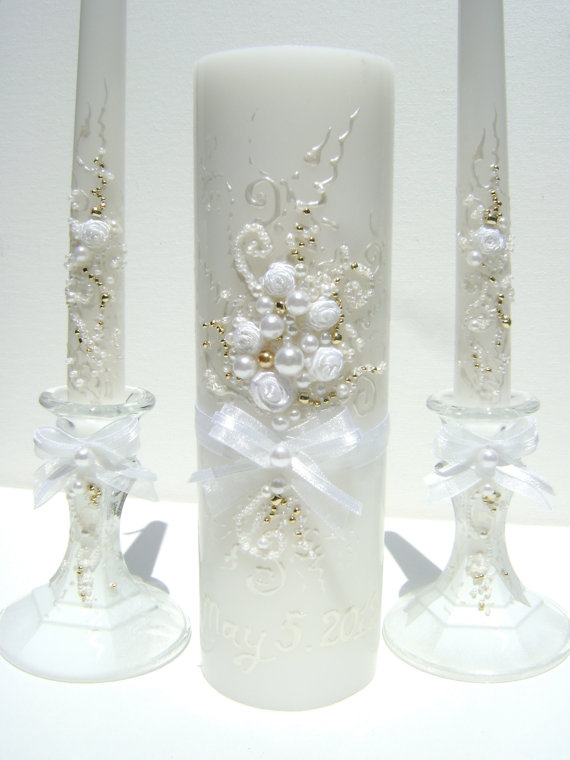 زفاف - Wedding unity candle set, hand decorated with an original design in white and gold. It's a great bridal shower gift idea