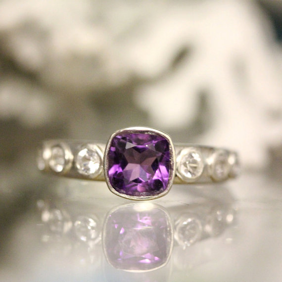 زفاف - Deep Purple African Amethyst And White Topaz Sterling Ring, Gemstone Ring, Cushion Shape, Engagement Ring, Stacking Ring - Made To Order