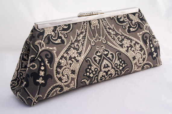 Wedding - Downton Abbey Dowager Handbag Formal Clutch in Black Charcoal and Cream Satin Lined Gift for Loved one or Wedding Party Gift