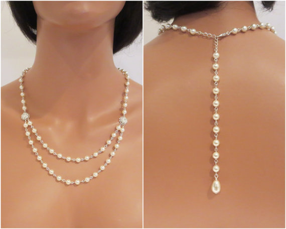 Свадьба - Bridal Pearl Backdrop Necklace, Wedding Back drop necklace, Wedding necklace, Pearl necklace, Bridal jewelry,