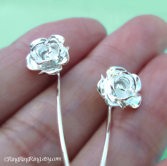 Свадьба - Long stem Rose flower earrings, Sterling silver post stud earrings, Bridal jewelry, Silver small Rose Earrings