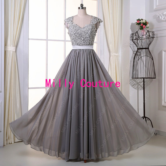 Mariage - Grey Long Lace Bridesmaid Dress, Backless lace prom dress, long open back prom dress with cap sleeves