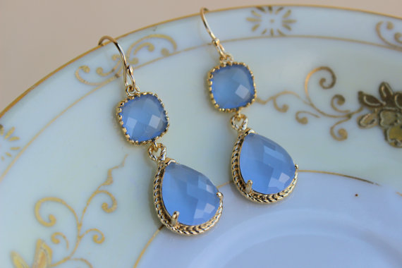 Hochzeit - Periwinkle Earrings Gold Lavender Blue Two Tier Earrings Bridesmaid Earrings Wedding Earrings Bridesmaid Jewelry Gift Wedding Jewelry