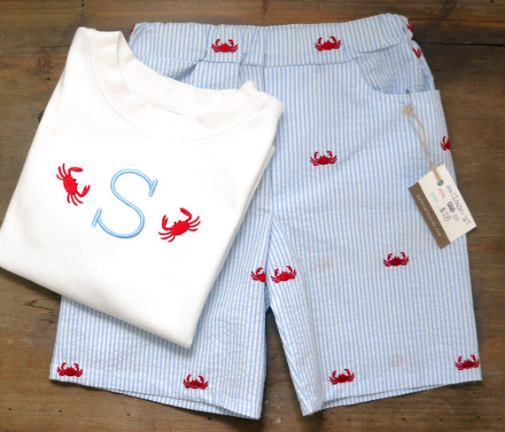 Свадьба - Boys Seersucker Shorts w/ Embroidered Red Crabs, Boys Summer Shorts, Preppy Seersucker Shorts, Embroidered Crab, Blue Seersucker, Boutique
