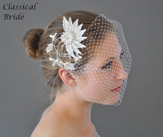 زفاف - Bandeau 75 -- Veil Set w/ SILVER RHINESTONE FLOWER Hair Comb & Ivory or White 9" Birdcage Blusher for wedding bridal accessory