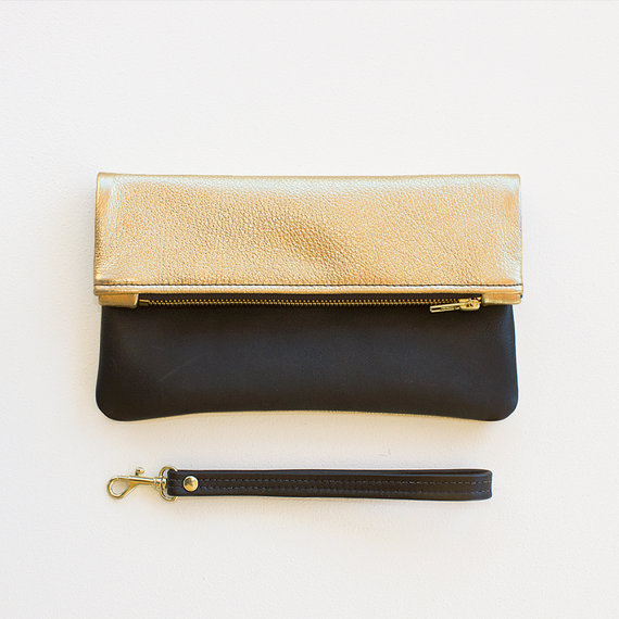 Mariage - Metallic Gold and Black Leather Fold Over Zipper Clutch, Fold Over Wristlet, Wedding Clutch, Evening Clutch