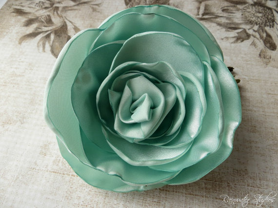 زفاف - Wedding Hair Flower, Aqua Mint Green Satin Rose Hair Flower, Bridal Accessory