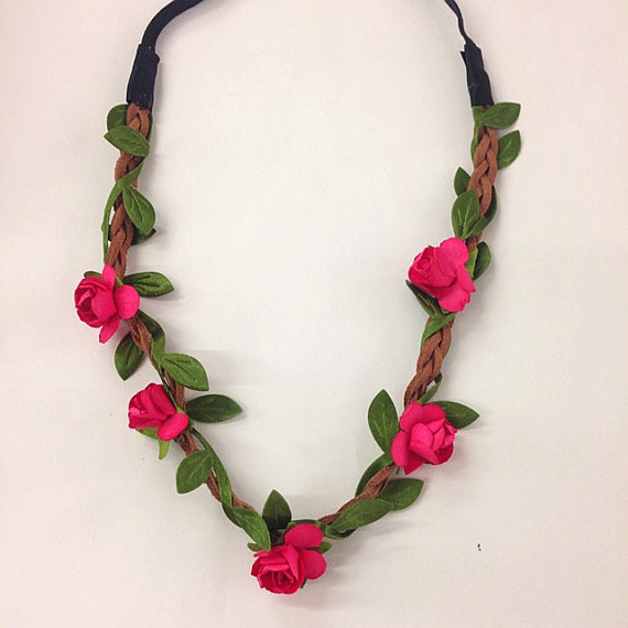 زفاف - Mini Hot pink flower crown/headband for music festival /wedding accessory / stretch headband /halo/ / Coachella /hippie flower headband /