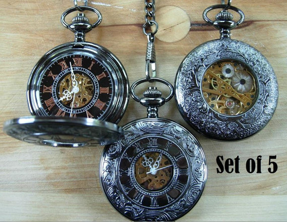 Hochzeit - Wedding Set of 5 Pocket Watches with Chains Gunmetal Black Personalized Engravable Groomsmen Gift Ships from Canada