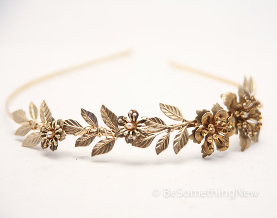 Mariage - Grecian Brassy Gold Metal Leaf and Flower Headband Gold Wedding Headpiece, Metal Headband for Adults, Metal Hair Accessory of Leaves