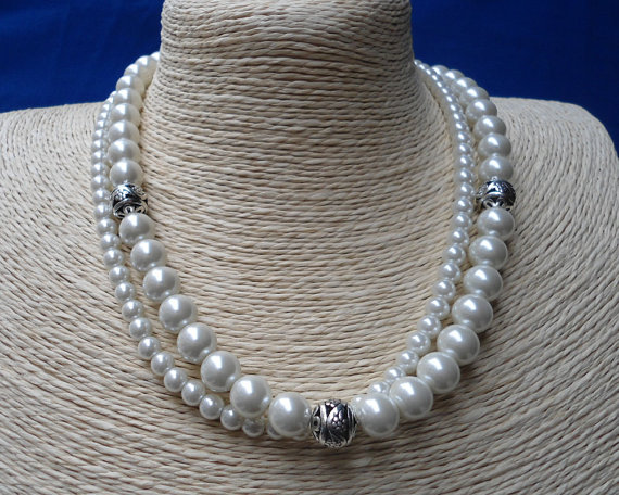 Mariage - Ivory Pearl Necklace ,pearl And Alloy Circular bead Necklaces,Glass Pearl Necklace,2 Strands Necklace,Wedding Jewelry,Bridesmaid necklace,