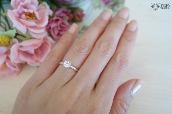 زفاف - 1/2 ct 5mm Solitaire Engagement Ring, 4 Prong, Round Man Made Diamond Simulant, Wedding, Promise Ring, Bridal, Sterling Silver or 14k Gold