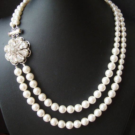 زفاف - Vintage Bridal Necklace, Wedding Jewelry, Crystal Flower Necklace, Pearl Bridal Jewelry, KATHERINE