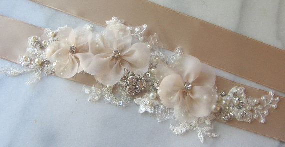 Свадьба - Champagne Sash, Beige Bridal Sash, Wedding Belt with Rhinestones, Pearls, Tan, Custom Colors - DANAE