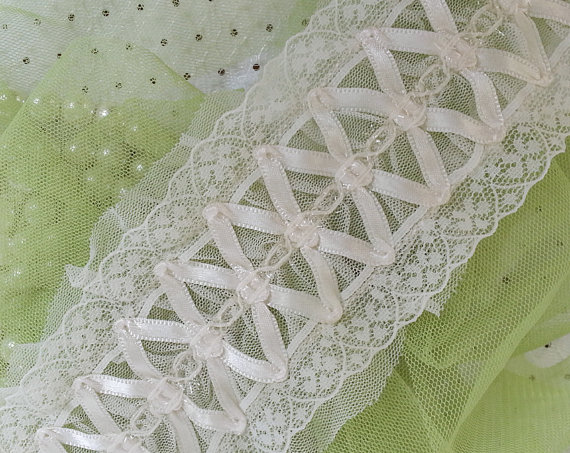 Wedding - Cream Embroidery Lace Trim with Ribbon, Wholesale Supply for Baby Headbands, Bridal Garter, Lingerie, Costume