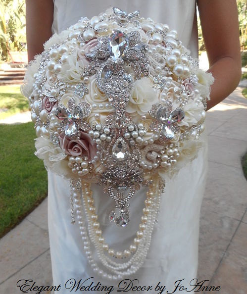 Hochzeit - STUNNING BROOCH BOUQUET- Deposit for A Custom Cascading Ivory Jeweled Wedding Bouquet, Brooch Bouquet, Ivory Wedding Bouquet,full price 550