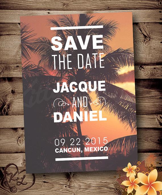 Hochzeit - PRINTABLE Save The Date Wedding ANNOUNCEMENT Mexico Hawaii Sunset Palms Invitation Invite Digital PDF Retro luau beach tropical destination