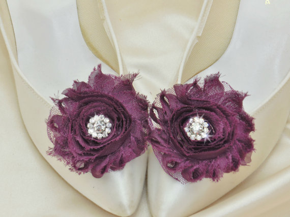 Wedding - Eggplant or Plum Purple Wedding Shoe Clips with Rhinestone Accent Shabby Rose