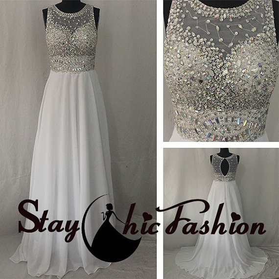 Hochzeit - 2015 White Sparkly Beaded Illusion Top Long Chiffon Prom Dress for Junior. Dazzling White Sequined Mesh Inset Scoop Neck Bridal Formal Dress