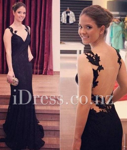 Mariage - Elegant Lace V Neck Strap Black Formal Evening Dress