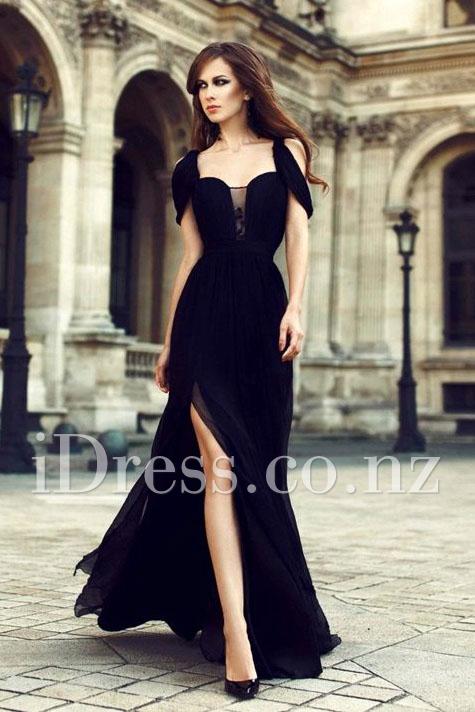 زفاف - Sexy Peek-a-boo Sleeve Black Formal Evening Dress with Slit