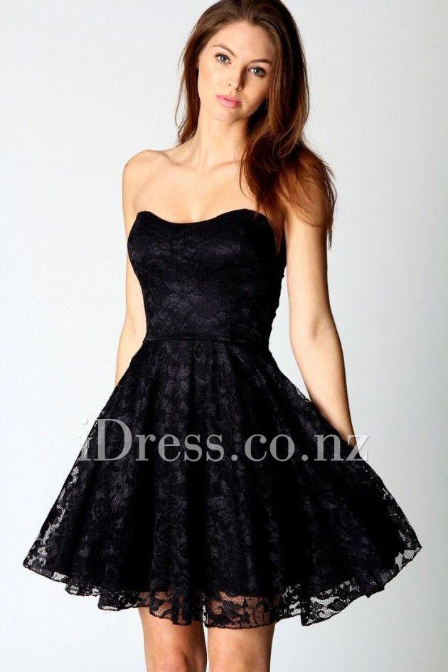 زفاف - Black Strapless Semi-sweetheart Vintage Cocktail Dress with Lace Overlay